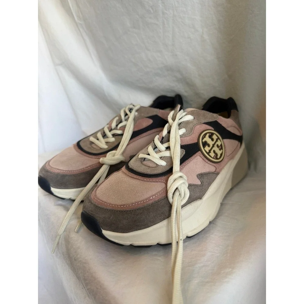 Tory Burch Good Luck Trainer Sneakers Pink Brown Suede Colorblock Logo Shoes